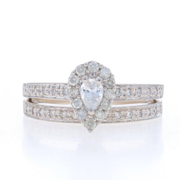 White Gold Diamond Halo Engagement Ring & Wedding Band 14k Pear .54ctw Milgrain